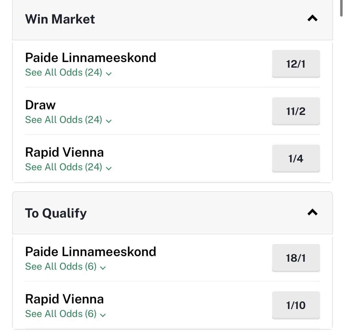AroundTheFunnel's tweet photo. Estonian side Paide Linnameeskond beating SK Rapid Vienna would be a bigger shock than Hearts knocking out Benfica according to the bookies.

Looking like Hearts will be facing Austrian opposition again.

Rapid finished fifth last season, 10pts behind Sturm Graz https://t.co/YKtshRXzZP