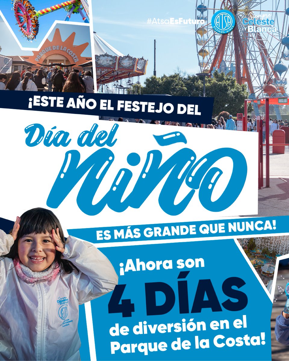 AtsaBsAs's tweet photo. 🎟️ ¡La turnera ya está habilitada!

🎡 Este año el #DíaDelNiño se vive durante 4 días en el Parque de la Costa.

📅 27 y 28/8: 10 a 18 hs.
📅 29 y 30/8: 9 a 14 hs. | 15 a 20 hs.
👨‍👩‍👧‍👦 Para afiliadxs, cónyuge e hijxs de hasta 17 años.
💻 Reservá tu turno 👉 https://t.co/D0oR5atpEJ https://t.co/Bpmi4cAiM1