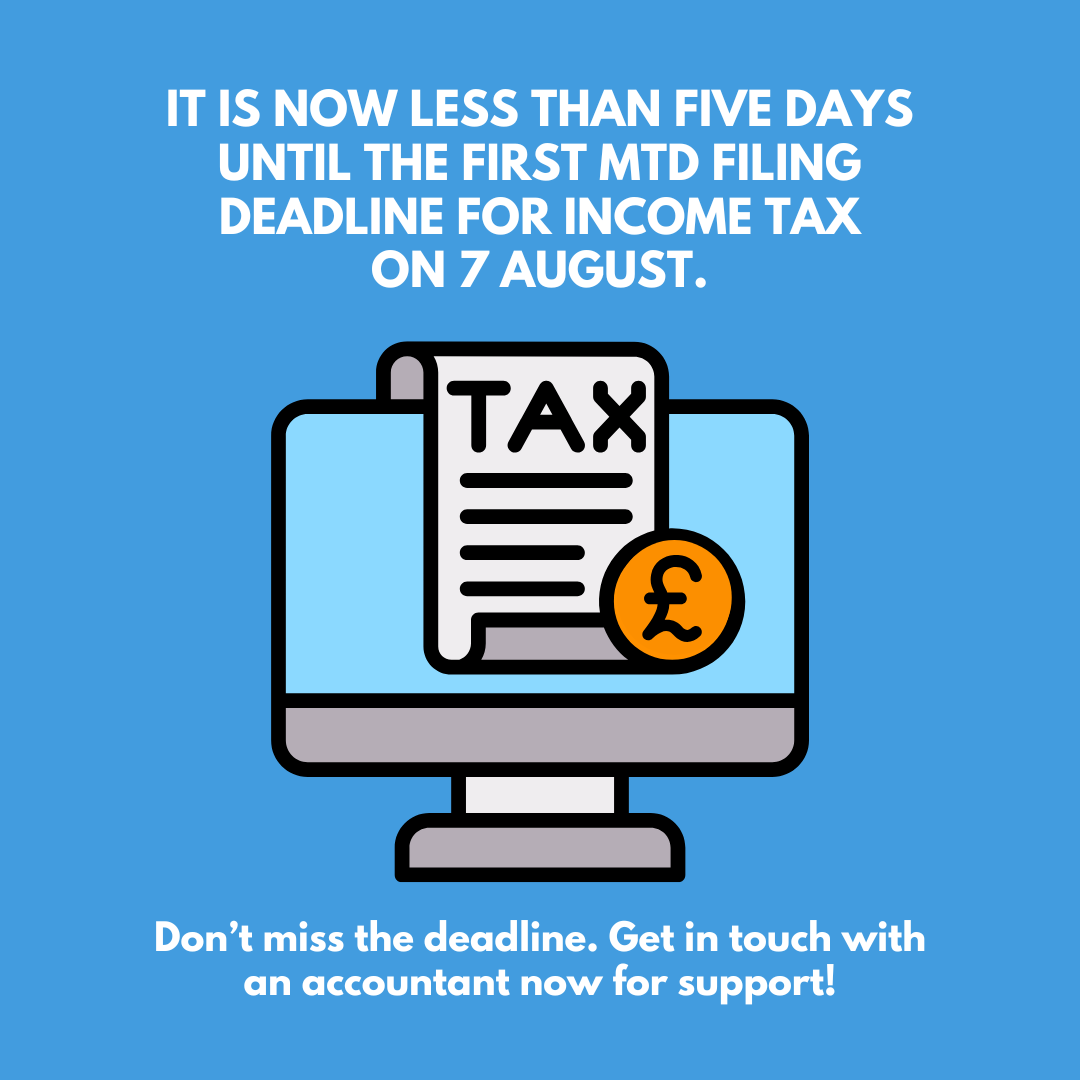 walkerbegley's tweet photo. It is now less than five days until the first MTD filing deadline for Income Tax on 7 August.

429,000 landlords and self-employed people earning over the £50,000 threshold are still yet to register.

Don’t miss the deadline. Get in touch with an accountant now for support.

#MTD https://t.co/nmo0QS3Hmh