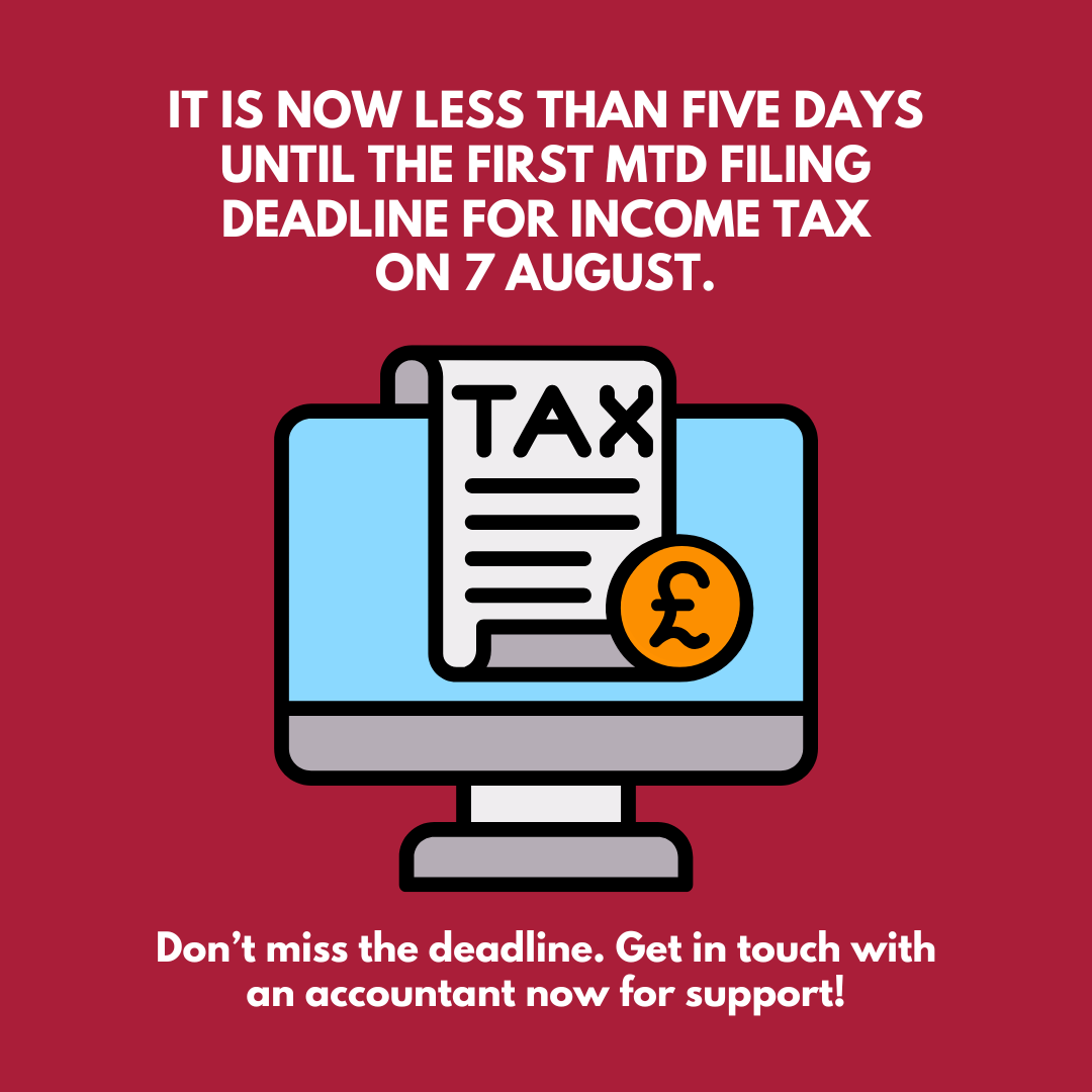 Vale__West's tweet photo. It is now less than five days until the first MTD filing deadline for Income Tax on 7 August.

429,000 landlords and self-employed people earning over the £50,000 threshold are still yet to register.

Don’t miss the deadline. Get in touch with an accountant now for support.

#MTD https://t.co/VUys027OQK