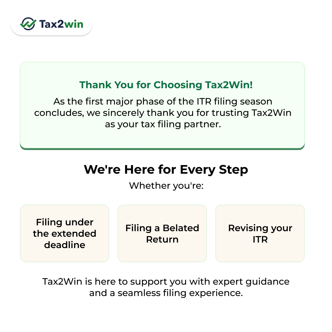 tax2win's tweet photo. ITR filing deadline extended! There's still time to file your Income Tax Return if you missed the original due date.

31 August 2026 – Extended ITR filing deadline for eligible non-audit taxpayers.

File Your ITR Now - https://t.co/9OKvrMDgvB https://t.co/0OGshAt8MP