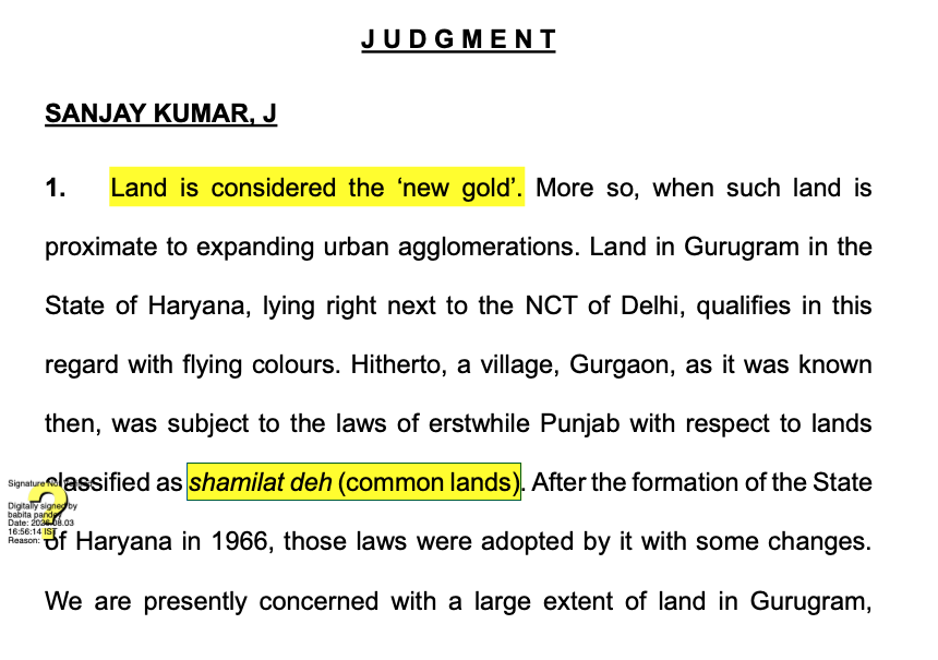 CiteCase's tweet photo. Land is considered the new gold, says #SupremeCourt in a case about Shamilat Deh !