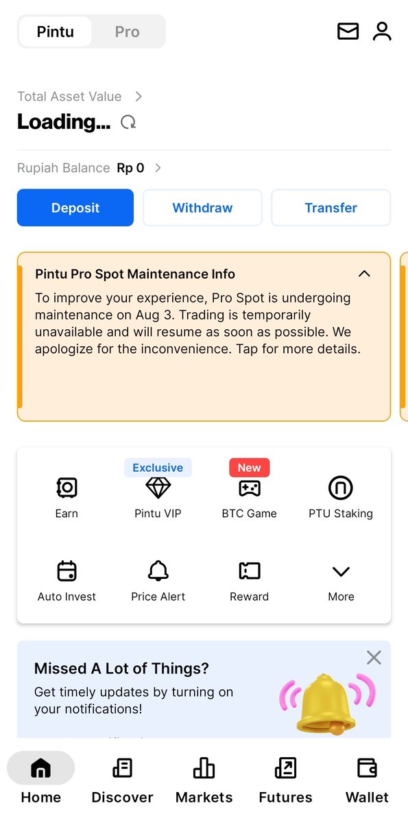 tonscarla's tweet photo. 🚨 BREAKING: 🇮🇩 Indonesian Crypto Exchange Pintu Pro Spot Goes Offline for Maintenance

Pintu has temporarily suspended Pro Spot trading and transfers due to scheduled maintenance on Aug. 3.

❌️Spot trading unavailable
❌️Transfers disabled
❌️Open orders will be automatically canceled

• Pintu Wallet remains accessible
• Futures trading continues as normal
• User balances remain safe

Pintu says services will resume as soon as possible.
