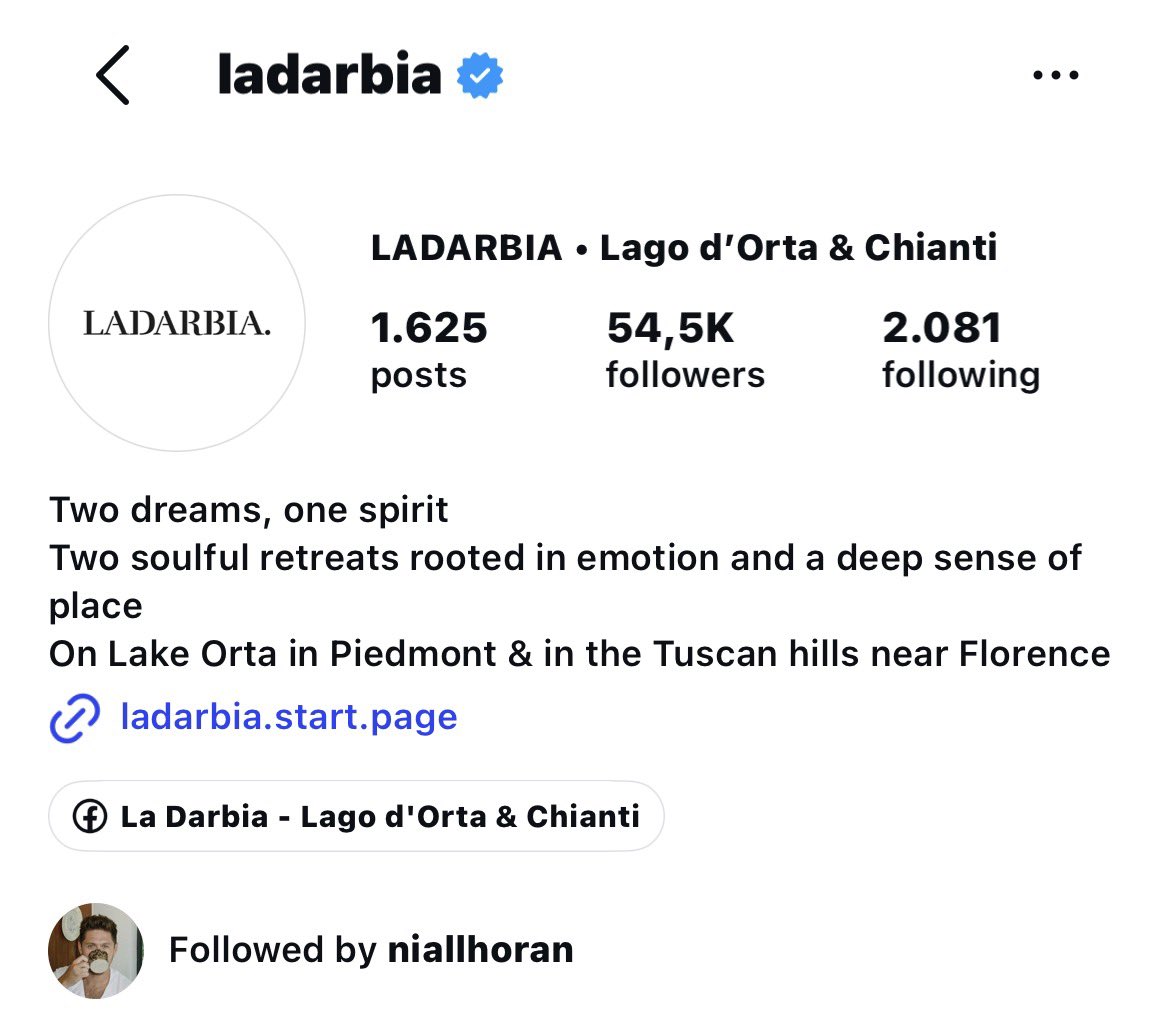 Niallupdatesnh's tweet photo. Niall Horan started following the Ladarbia profile on Instagram!

LADARBIA is an Italian luxury boutique hotel brand with properties in Lago d’Orta  &amp; Chianti. https://t.co/XduLicazzP