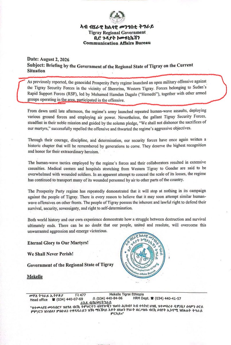 milkessam's tweet photo. Tigray Regional State stated that Sudan’s Rapid Support Forces (RSF) participated in the recent clashes between Ethiopian defense forces and Tigray forces in western Tigray on Saturday. Ethiopian government did not immediately respond to that allegation. https://t.co/LxkKcORCCA