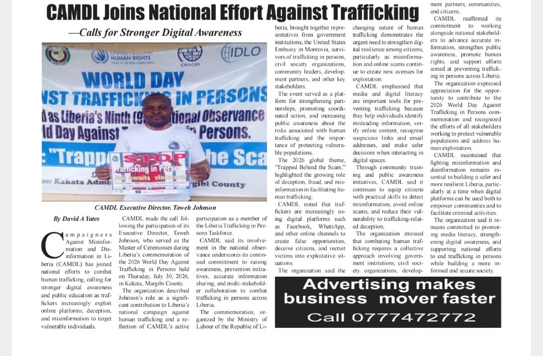 camdliberia's tweet photo. Get a copy of the Liberian Observer today. #stophumantrafficking #falseinformation https://t.co/xYXtt4j6rP