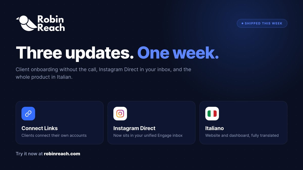robinreachapp's tweet photo. Three weeks into our AppSumo launch and RobinReach is still at #1!
 We've been listening closely and have just shipped new features:

🔗 Connect Links: Onboard clients with secure links.
💬 Unified Inbox: Now includes Instagram!
🇮🇹 Available in Italian. https://t.co/rjOOfd7UEL