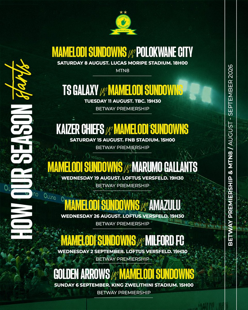 Masandawana's tweet photo. 𝙊𝙐𝙍 𝙊𝙋𝙀𝙉𝙄𝙉𝙂 7️⃣ 𝙁𝙄𝙓𝙏𝙐𝙍𝙀𝙎 👆

The first chapter of the new season is set 🔥 Which game are you looking forward to most? 🧏

#Sundowns #BetwayPrem #MTN8 https://t.co/GbNRC3kSHI