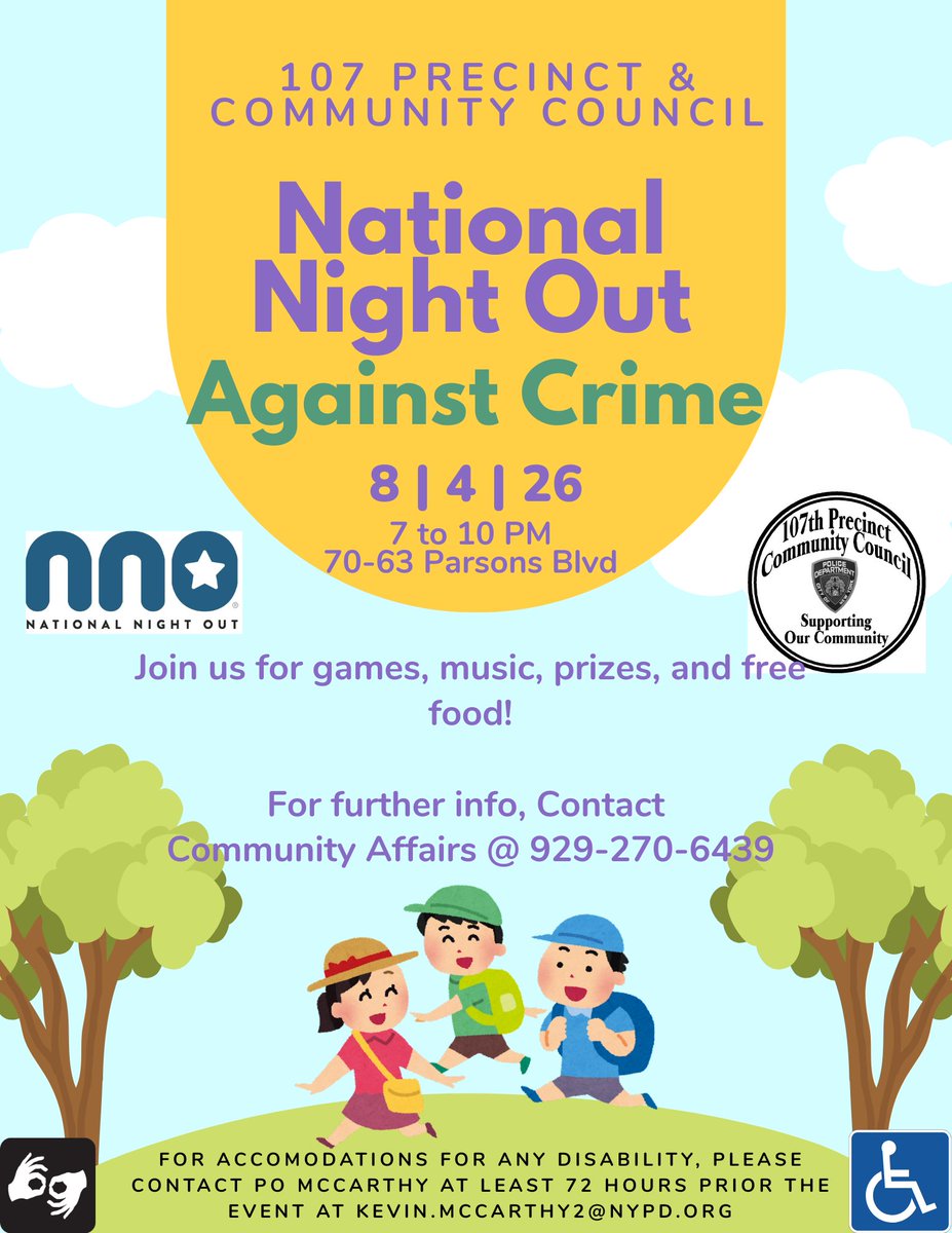 NYPD107Pct's tweet photo. It's almost here!  Please join us for our National Night Out Against Crime, 8/4/26 at 7PM at the Electchester Shopping Center (70-63 Parsons Blvd, next to the precinct.)  Free food, games, and give aways!  We hope to see you there!  Please share! https://t.co/e3NxP5W4E4