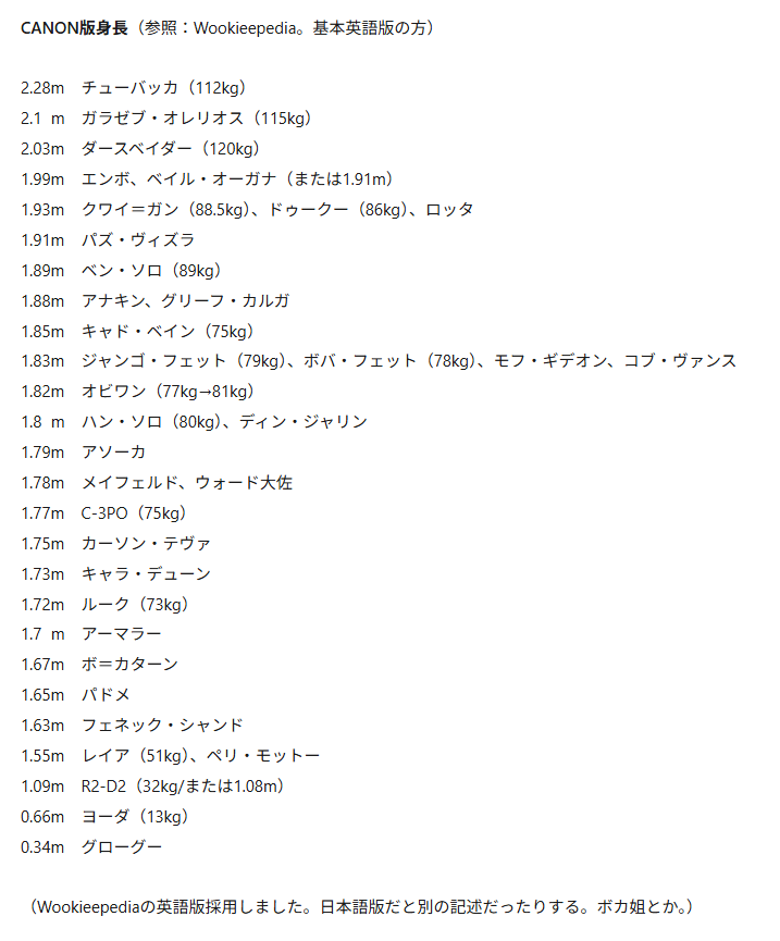 kazukiti_moekas's tweet photo. SWのサーガとマンダロリアンのキャラの身長表。

自分用に作ったメモ書き。もしかしたら誰かの役に立つかも知れないのでそっと晒し。間違ってたらごめんね。 https://t.co/v1FOFps5A5