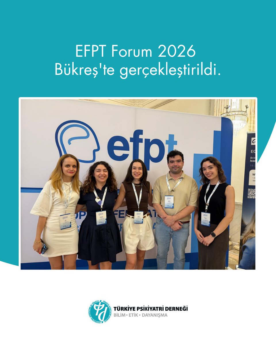 PsikiyatriDer's tweet photo. EFPT Forum 2026 Bükreş'te gerçekleştirildi.

European Federation of Psychiatric Trainees (EFPT) tarafından her yıl düzenlenen ve Avrupa’nın farklı ülkelerinden psikiyatri asistanlarını bir araya getiren EFPT Annual Forum, bu yıl 14–18 Temmuz 2026 tarihleri arasında Bükreş, Romanya’da gerçekleştirildi.

Türkiye Psikiyatri Derneği Asistan Hekim Komitesi adına Begüm Marşap, Ece Ilgın, Sueda Nur Aydemir, Deniz Sıla Arıcı ve İbrahim Sungur, Türkiye’yi EFPT Forum 2026’da temsil etti.

Forum boyunca farklı ülkelerdeki psikiyatri uzmanlık eğitimi uygulamaları ve güncel sorunlar ele alınırken; çalışma grupları, bilimsel ve eğitsel oturumlar ile Genel Kurul toplantılarında psikiyatri eğitiminin geleceğine ilişkin deneyim ve görüşler paylaşıldı. Türkiye delegasyonu da ülkemizdeki psikiyatri uzmanlık eğitimini, asistan hekimlerin çalışmalarını ve son dönemde yürütülen projeleri Avrupalı meslektaşlarıyla paylaşma fırsatı buldu.

🌍 EFPT çatısı altında gerçekleşen bu buluşmaların; ülkeler arasında deneyim paylaşımını, asistan hekimlerin uluslararası temsiliyetini ve psikiyatri eğitiminde ortak çalışmaların geliştirilmesini güçlendirdiğine inanıyoruz.

Türkiye’yi EFPT Forum 2026’da temsil eden meslektaşlarımıza teşekkür ediyor, uluslararası alandaki çalışmalarında başarılar diliyoruz.

#TürkiyePsikiyatriDerneği #TPD #AsistanHekimKomitesi #EFPT #EFPT2026 #PsychiatryTrainees #PsychiatryTraining #Bucharest2026
