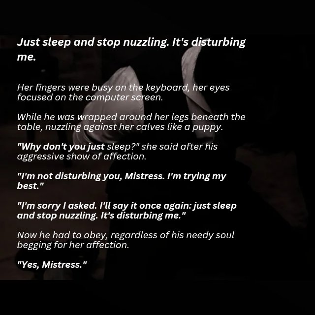 Queenbee__33's tweet photo. Just sleep and stop nuzzling. It's disturbing me. 

#DarkFiction #femdom #fiction https://t.co/UHtWvBuVMn