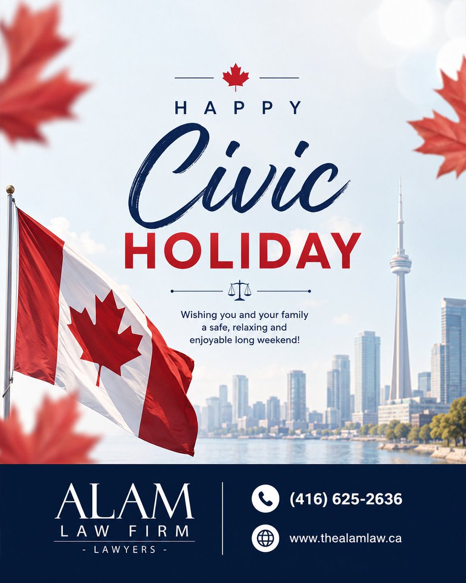 AlamLawOffice's tweet photo. Happy Civic Holiday! 🇨🇦✨

Have a safe, relaxing, and enjoyable long weekend!

...
#CivicHoliday #CivicDay #HappyCivicHoliday #LongWeekend https://t.co/3QwpLrcWh9