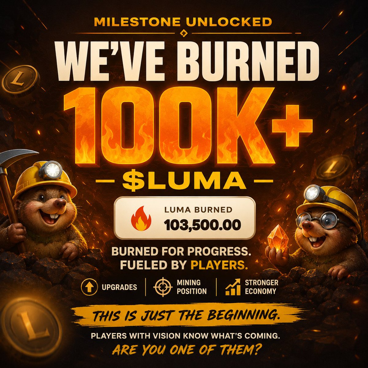 MochiMoles's tweet photo. Most people wait for proof.

A few are willing to act before everyone else.

Those are usually the people who benefit the most.

Over 100,000 $LUMA has already been burned through gameplay upgrades.

The economy is only getting started. 🚀 https://t.co/mEU6BBnCNd