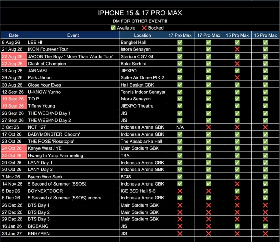 poocoo_'s tweet photo. Open rent / sewa hp Iphone 17 &amp; 15 Pro Max untuk konser, meet and greet / event lain

TIFFANY YOUNG, THE WEEKND, BABY MONSTER, THE ROSE, KANYE, LANY, 5SOS, BYEON WOO SEOK, BOYNEXTDOOR

wtr wtb wts rental iphone jakarta
📍COD VENUE
DM for price &amp; tnc #zonauang Cc @Djenouary https://t.co/SYfb6hbxR1