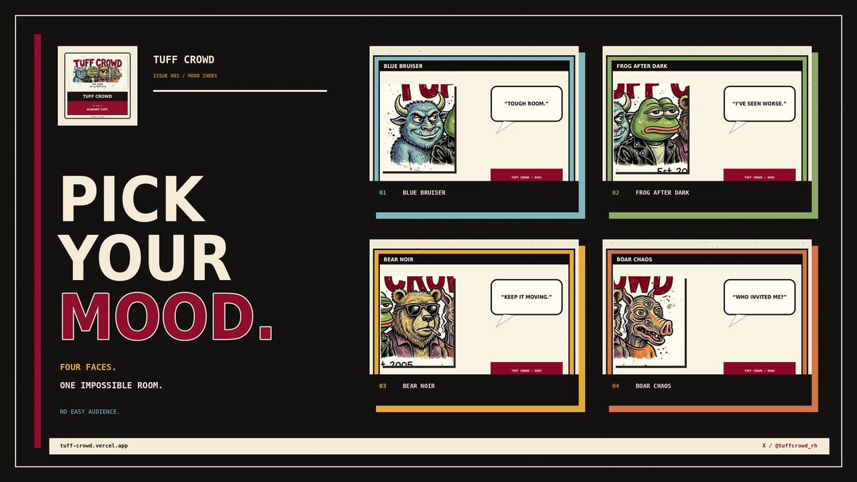 tuffcrowd_rh's tweet photo. Different faces. Different energy.  
Same impossible room.

Blue Bruiser. Frog After Dark. Bear Noir. Boar Chaos.

Pick your mood and join the Tuff Crowd. https://t.co/kgrkEjsLBI
