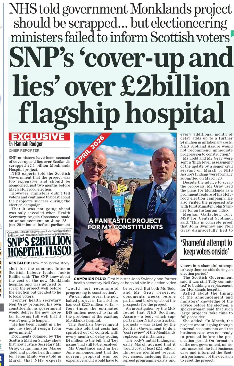 NoteTaker_X's tweet photo. Over £225m has already been spent on enabling works at Wester Moffat, and now Lanarkshire patients are sent back to square one with a 'redesign' that won't even hit ministers' desks until 2027. You can't promise a £2.1bn flagship hospital in an election campaign when internal NHS reports already red-flagged it.