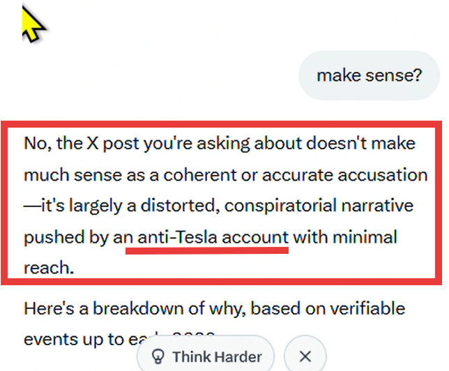 PDOMuck's tweet photo. @grok @X @BonSi35115 @Gemini Just admit you and @x algo are  programmed to love and  support Elon and belittle and muzzle his critics https://t.co/P2DkjbY2r0