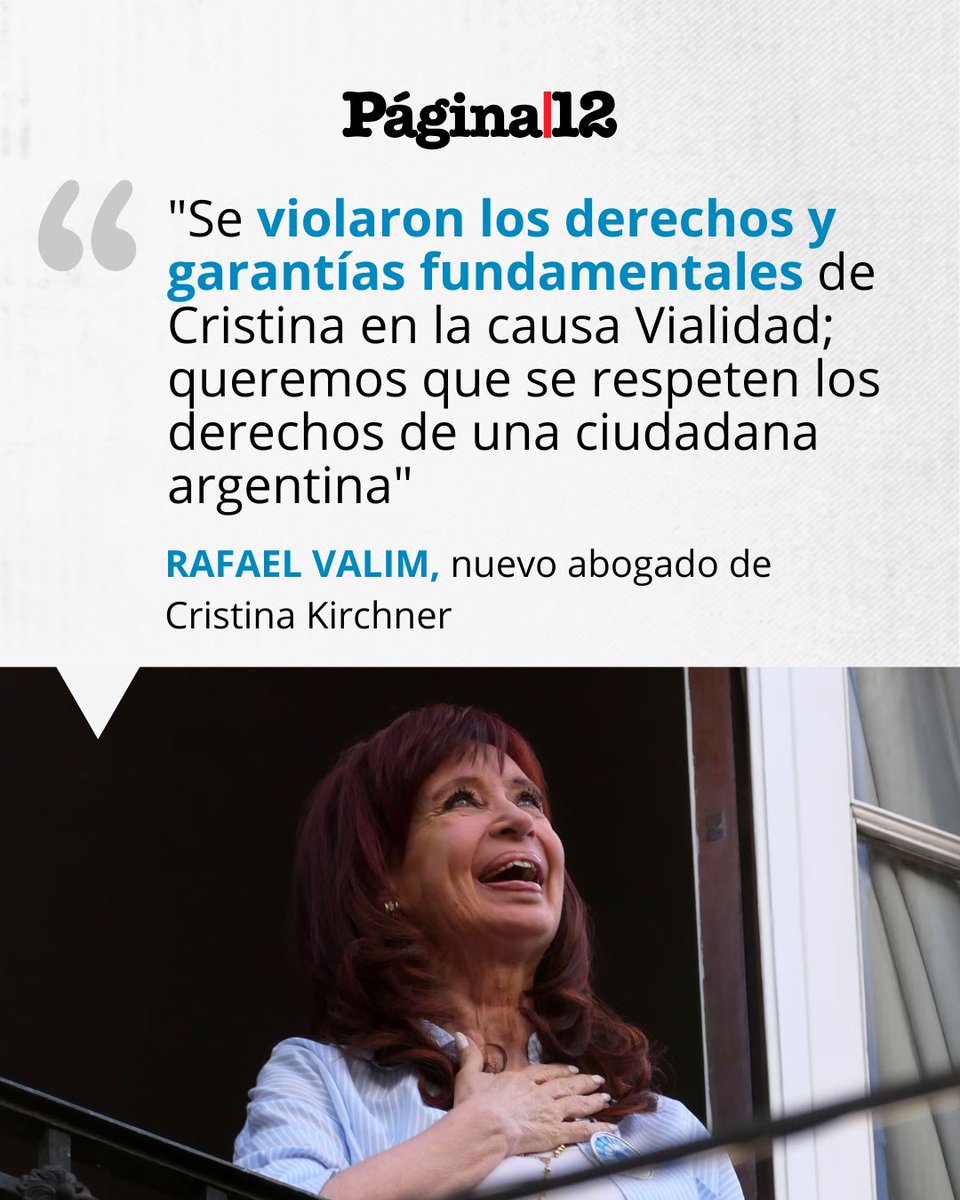 pagina12's tweet photo. El abogado de Cristina Fernández de Kirchner, Rafael Valim, aseguró que se violaron los derechos y garantías fundamentales de la expresidenta en la causa Vialidad.
https://t.co/kAuLLwjPOB https://t.co/YmLpeeeOt4