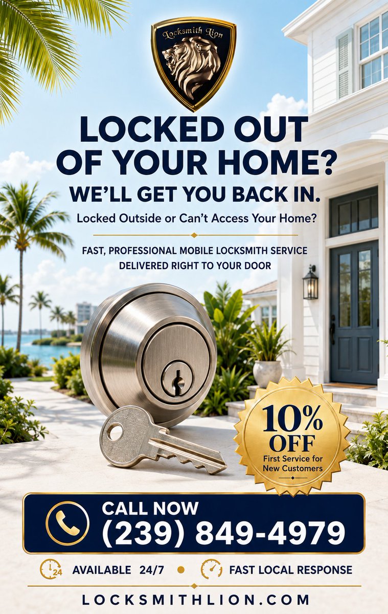 locksmithlion1's tweet photo. Locked out of your home? We’ll get you back in.

Fast local mobile locksmith service—available 24/7. New customers receive 10% OFF their first service.

📞 (239) 849-4979 https://t.co/IVcjEBimbl