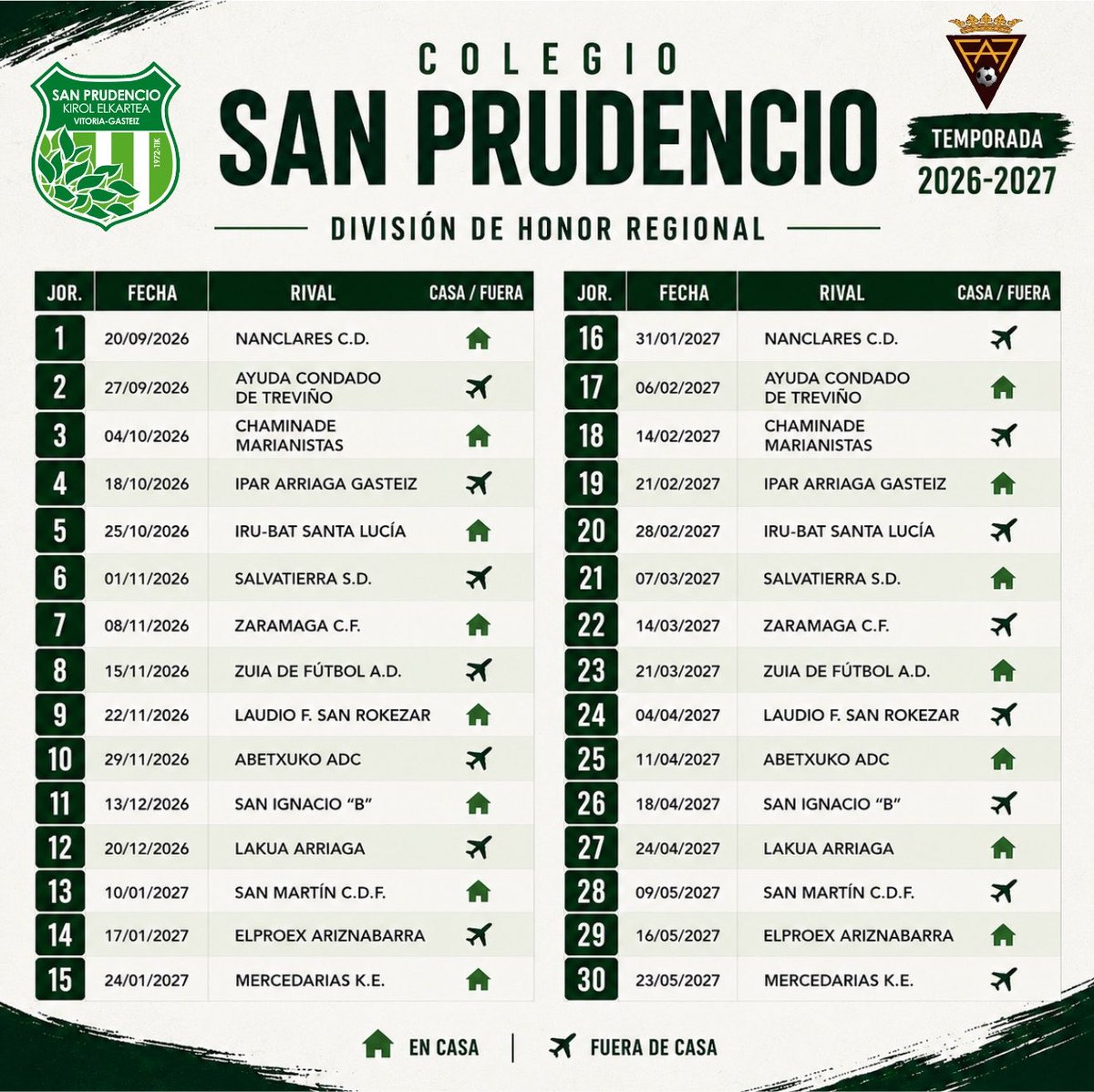 SanPruAD's tweet photo. ⚽ 𝗗𝗜𝗩𝗜𝗦𝗜𝗢́𝗡 𝗗𝗘 𝗛𝗢𝗡𝗢𝗥

¡Tenemos calendario! 

Iniciaremos la temporada en casa ante el recién ascendido @ClubNanclares y la cerraremos en Zaramaga ante el @KirolMerced .

#MareaVerde https://t.co/KZWHIVbJb4