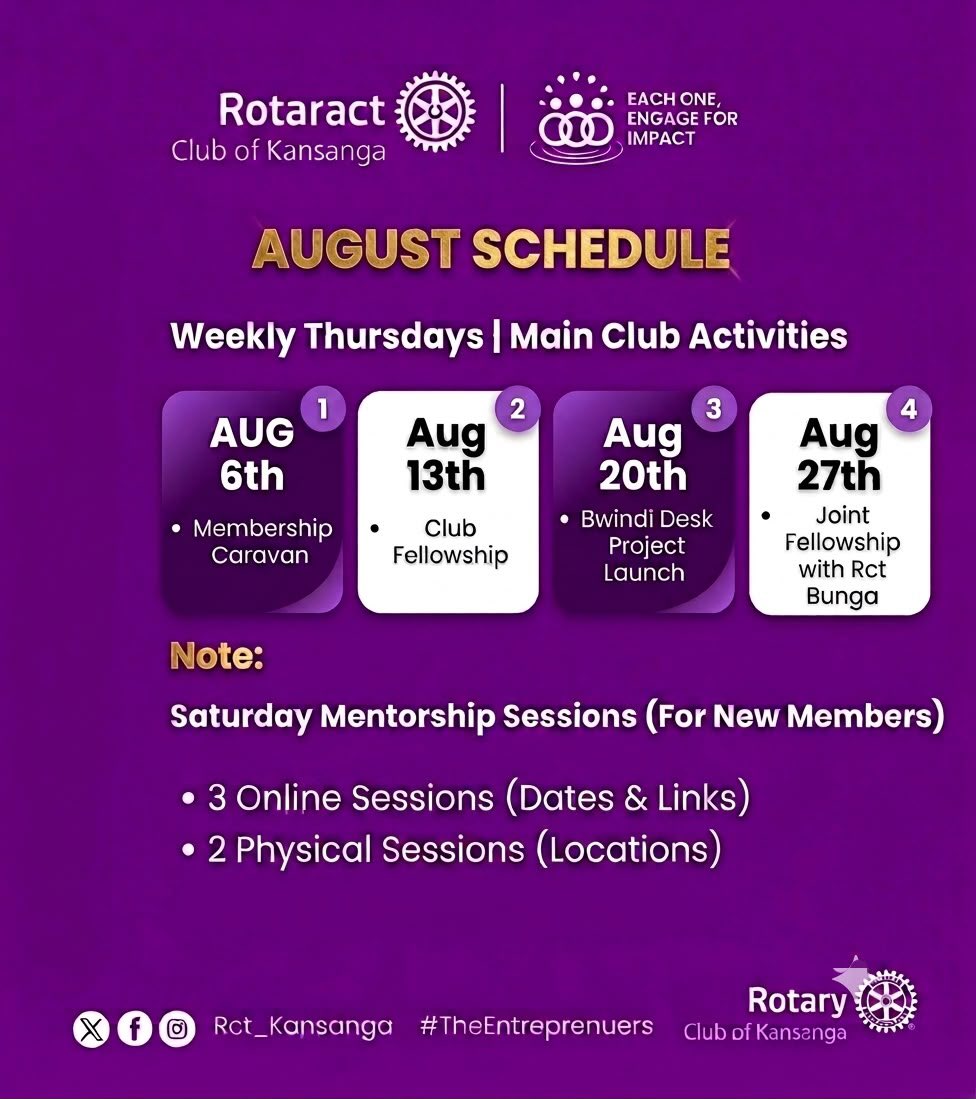 Rct_Kansanga's tweet photo. Hello X Fam,

Here is our updated schedule for August. Mark your calendars and let’s make it an impactful month together!

#RacKansanga #AugustSchedule https://t.co/4NaA7x2r8z