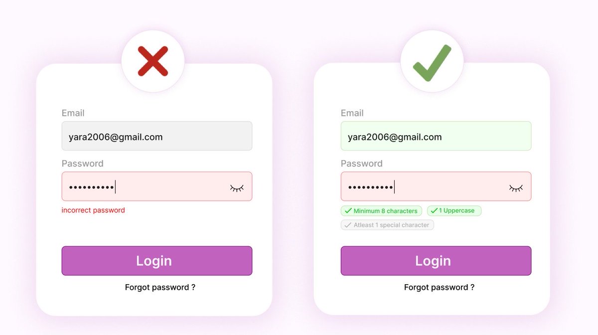 yr7_aa's tweet photo. ليش نخلي المستخدم يخمن ايش المشكلة؟

بدل ما يضغط Login ويتفاجأ بكلمة "Incorrect Password" بدون توضيح، التغذية الراجعة الفورية Real-time Feedback توضح له الشروط وتتفاعل مع كل حرف يكتبه.

التفاصيل الصغيرة هي اللي تحوّل الواجهة من مجرد شكل جميل إلى تجربة مستخدم مريحة وسلسة ✨
#UIUX https://t.co/TOAd0OF2ZU