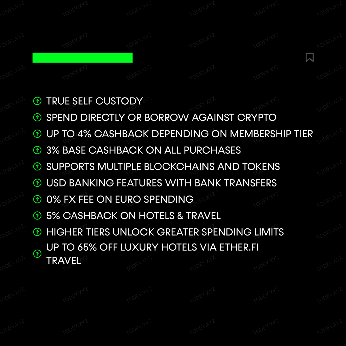 JoinTODEY's tweet photo. 💳 CRYPTO CARD OF THE DAY - ETHERFI CASH CARD

@ether_fi combines self custody with a crypto credit card that lets users spend or borrow against their crypto without selling, with 3% base cashback.

Learn More here:

https://t.co/VjEgUtHu2g https://t.co/anOCS87lwN