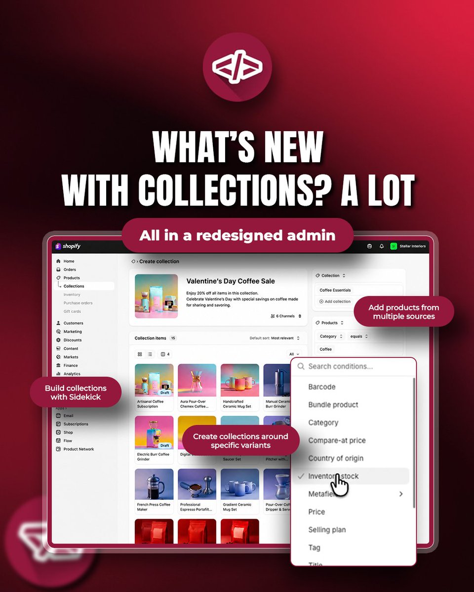 EffectiveAppsHQ's tweet photo. Shopify collections just got smarter.
Use Sidekick to build collections, add products from multiple sources, and organize specific variants with more control all inside the redesigned admin.
#shopifyupdates #shopifytips #ecommercegrowth #shopifystore #effectiveapps https://t.co/6t3LlwMCuS