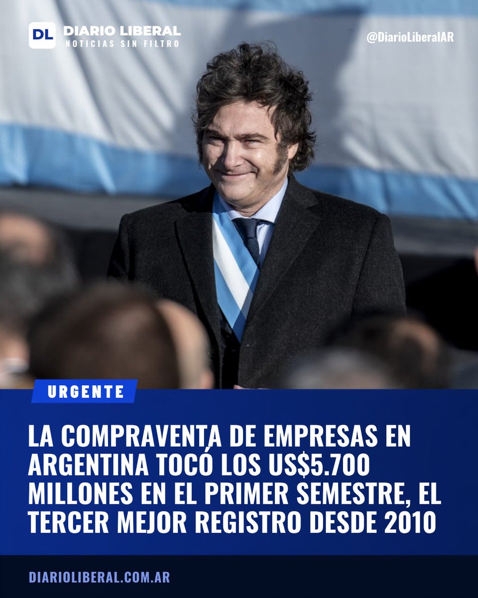 DiarioLiberalAr's tweet photo. ‼️🇦🇷 | RÉCORD DE COMPRAVENTA DE EMPRESAS: Según PwC, entre enero y junio la compraventa de empresas en la Argentina sumó US$5.700 millones, el tercer mejor semestre desde 2010, solo superado por el segundo semestre de 2024 y el primero de 2017.

El 59% de las adquisiciones fueron realizadas por inversores argentinos, en un contexto de creciente confianza empresarial bajo la gestión de Javier Milei. @JMilei