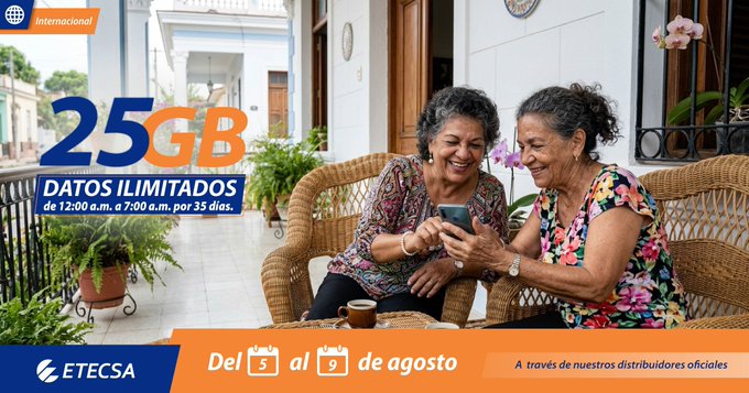 mayrelisgonzal7's tweet photo. Comienza hoy!!!!!
Del 5 al 9 de agosto si recibes una recarga internacional entre 600CUP y 1250CUP, recibes 25GB + Datos ilimitados de 12:00 a.m. a 7:00 a.m.
Conoce todos los detalles en https://t.co/4rTxz7UsbH #RecargaInternacional #Mayabeque #EtecsaConCuba https://t.co/z1OswwhT6m