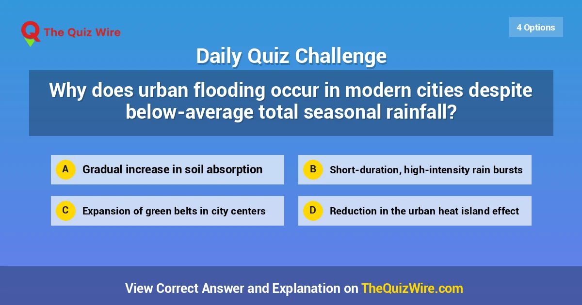thequizwire's tweet photo. Why does urban flooding occur in modern cities despite below-average total seasonal rainfall?

#TheQuizWire #DisasterManagement #EnvironmentalScience #...
https://t.co/Sh1jkLj9m1 https://t.co/rAlvR0TDFE