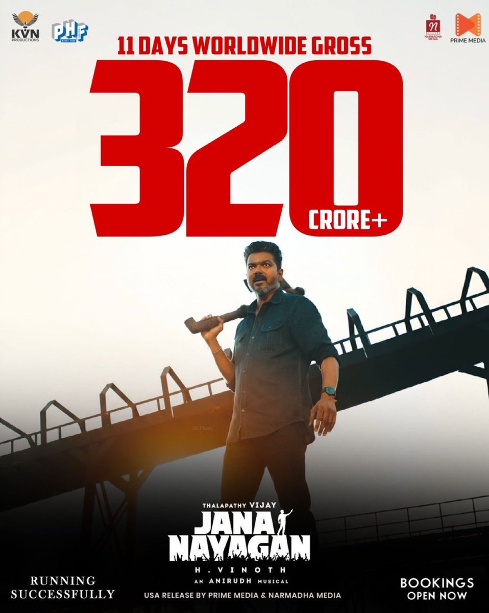 muthurajvembu's tweet photo. #JanaNayagan 11 Days worldwide Collection ₹320CR+ 🔥🔥🔥🔥🔥🔥

Superb Sunday, the film registered double digit number  in TN. Looks like the film will have another week of steady run. Film is already this year’s topper in Kerala, Karnataka, North market and overseas among Tamil films. The Thalapathy Vijay mania helping the film to sail past 300cr mark braving all negativity and piracy.