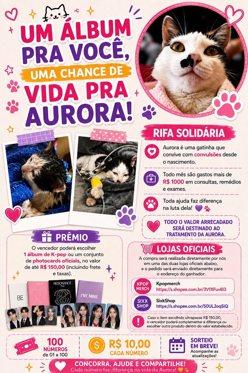sonzapetsch's tweet photo. Olá pessoal! Estou deixando aqui a rifinha mensal da Aurora pra ajuda de custos do tratamento dela no mês de agosto (julho foi um desespero por conta das emergências) uma titia vai doar alguns itens kpop de prêmio 🩷 comprovantes de julho abaixo 👇🏻

🔑: auroracalvinha@gmail.com https://t.co/8pPxD9BFyj