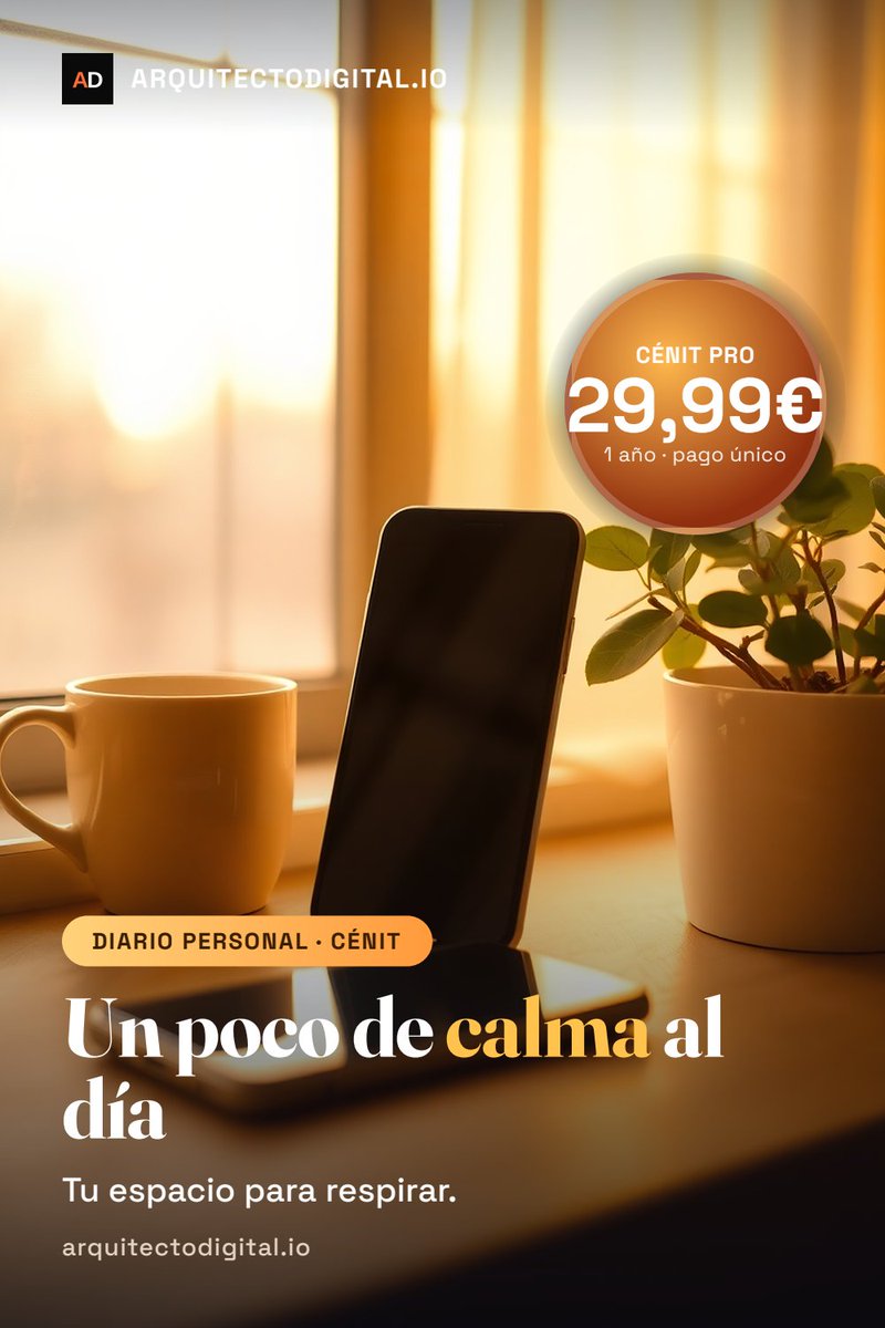 arqdigital_io's tweet photo. Desconecta un momento para reconectar con lo importante

Estamos conectados a todo todo el rato: al trabajo, al móvil, a las noticias, a lo que hace el resto del mundo. Y de tanto estar conectados a todo lo de fuera, acabamos desconectados de lo único que no deberíamos perder de vista: nosotros mismos.

Cénit es un momento al día para desconectar de fuera y reconectar contigo. Apagas un rato el ruido de todo lo demás y te dedicas a lo de dentro: cómo estás, qué sientes, qué necesitas. Una pequeña retirada diaria del mundo para volver a encontrarte.

Piensa en lo que recuperas con eso. Cuando estás siempre pendiente de lo de fuera, pierdes el contacto con lo que te pasa por dentro, y así es fácil vivir en automático sin enterarte de cómo estás de verdad. Ese momento de desconexión te devuelve a ti.

Y desconectar un rato no es huir; es lo contrario. Es pararte para volver luego a todo lo demás con la cabeza más clara y más entero.

Lo que te llevas es reconectar contigo cada día: un momento para desconectar del ruido de fuera y volver a saber cómo estás de verdad por dentro.

Si vives demasiado hacia fuera, te enseño cómo parar un momento en mi perfil, con el enlace en la bio.