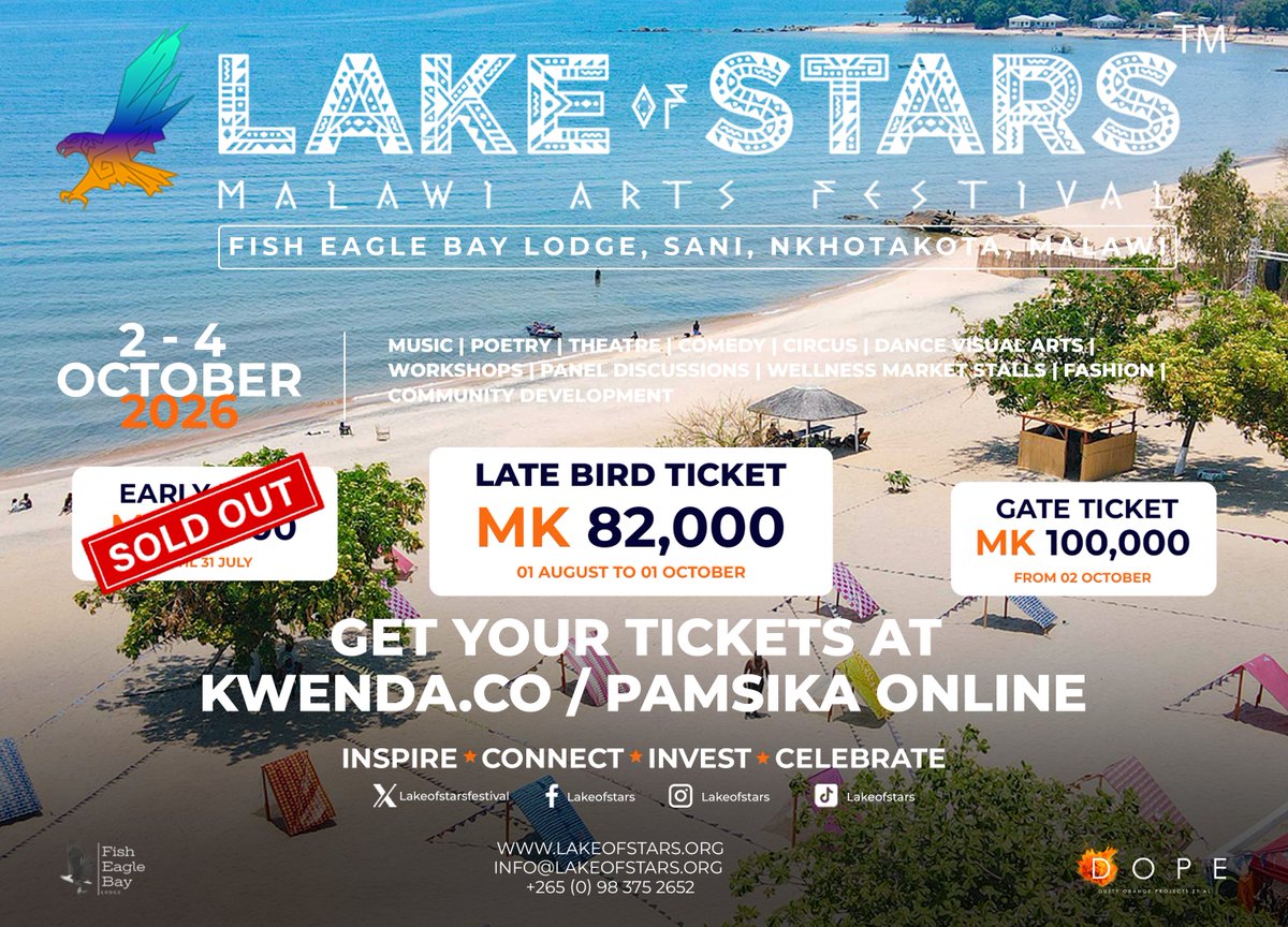 LakeofStars's tweet photo. Early Birds may be gone, but it’s not too late! 🎟️
Grab your Late Bird tickets online at https://t.co/SfQQnvtVVH and Pamsika Online for this year’s Lake of Stars Malawi Arts Festival.

👀 Look out for more exciting announcements! 

See you at the beach! 

⛱️ https://t.co/k4Gxjy3jiv