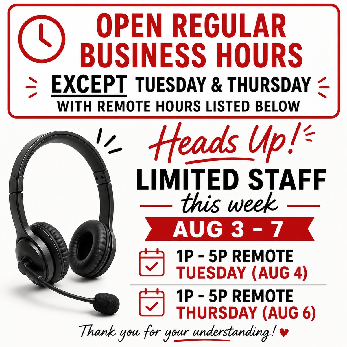 AgentAprilLusk's tweet photo. Thank you for your patience this week (Aug 3rd- 7th) as we have limited staff. 
WE ARE OPEN REGULAR HOURS  Except Tuesday &amp; Thursday afternoons:
Both days we’ll be open to walk ins from 9a -1p
Tuesday (8/4) Remote -1 PM – 5 PM 
Thursday (8/6): Remote -1 PM – 5PM https://t.co/Y2XtVj10Jo