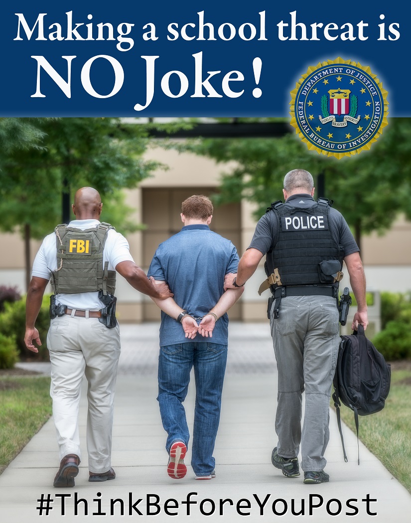 FBICharlotte's tweet photo. With the school year starting, it's important to remember to think twice before posting threats online. You can get federal prison time. 📱 #ThinkBeforeYouPost https://t.co/O4JlIlXMLP