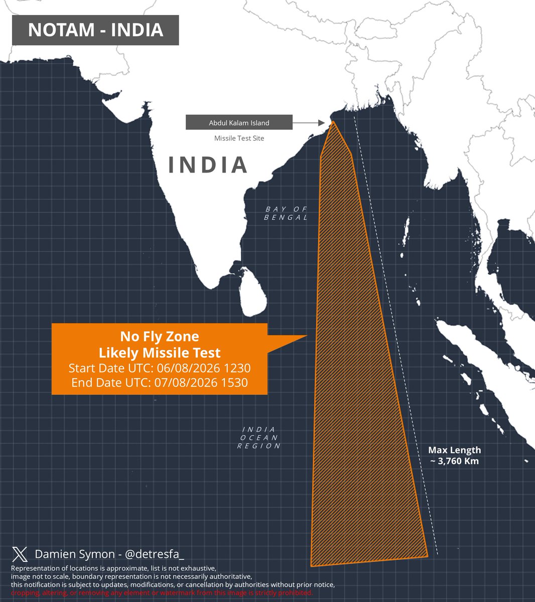 detresfa_'s tweet photo. India updates a notification for a likely long range missile test in the Indian Ocean Region, the range has been extended &amp; now is near 3,760-km
  
Date | 06-07 August 2026 https://t.co/XW6XR6j0DA