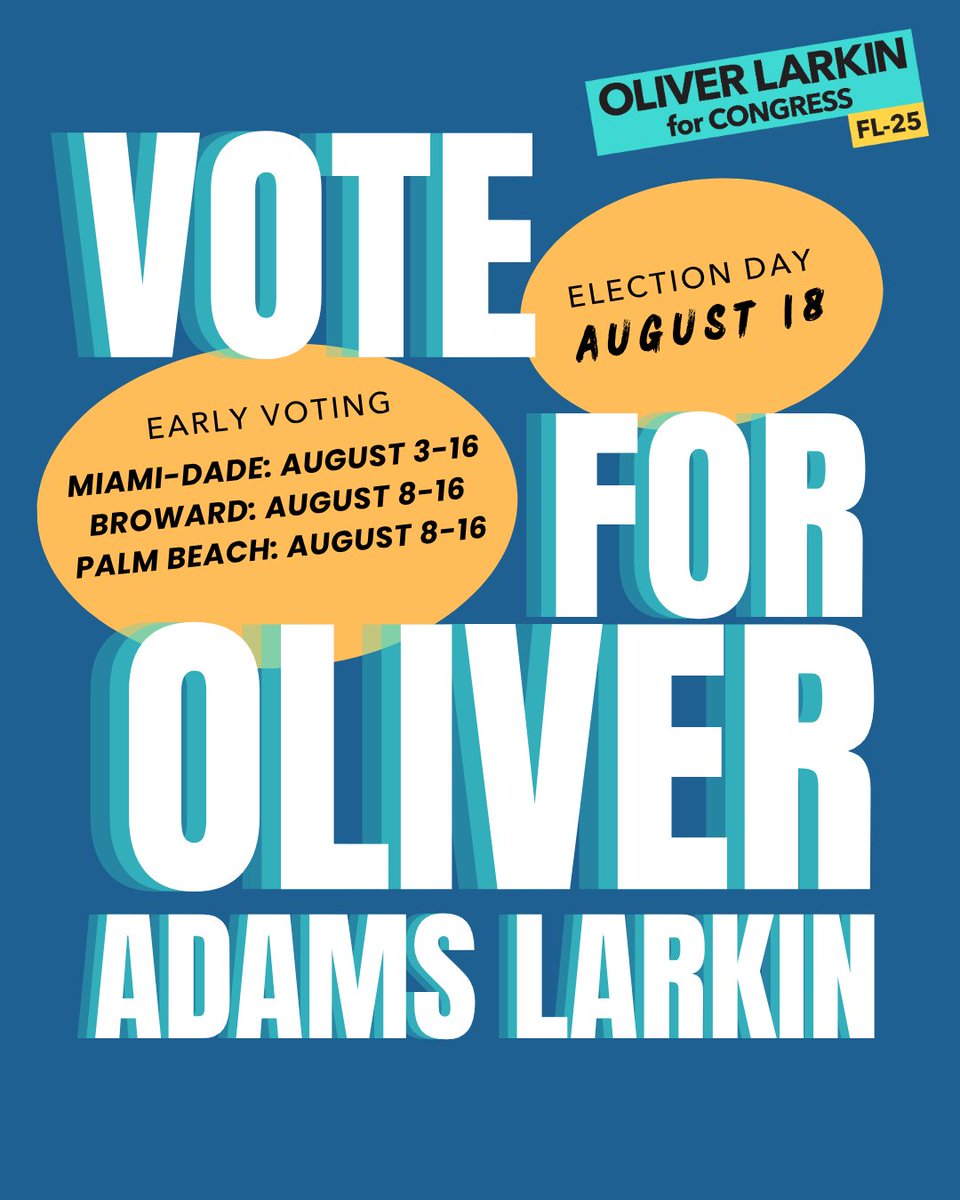 OliverALarkin's tweet photo. Early Voting is OPEN for Miami-Dade County voters for the next 14 days.

If you live in Miami Beach, North Bay Village, Sunny Isles Beach, Golden Beach, Surfside, Bal Harbour, Bay Harbor Islands, Aventura, North Miami, or North Miami Beach, you can go vote for Oliver starting TODAY in the FL-25 Democratic primary election.