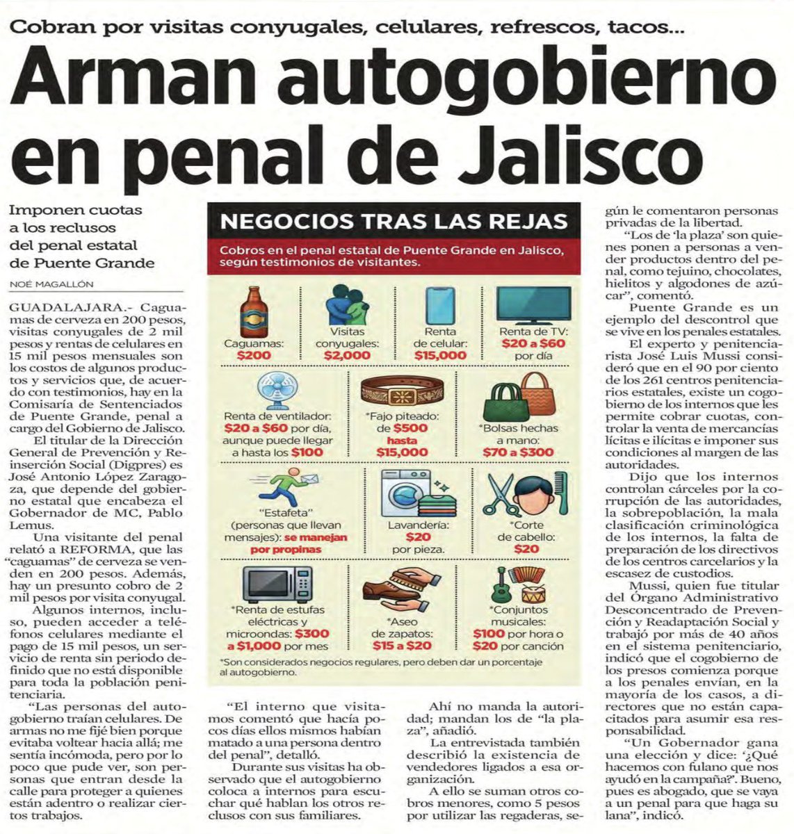 omar_comunica's tweet photo. Hoy llega el autogobierno de las cárceles de Jalisco a la portada del periódico Reforma.
En el gráfico se muestra cuánto pueden llegar a costar las cosas no permitidas dentro del penal de sentenciados de Puente Grande. https://t.co/s9c6a5Ddl4