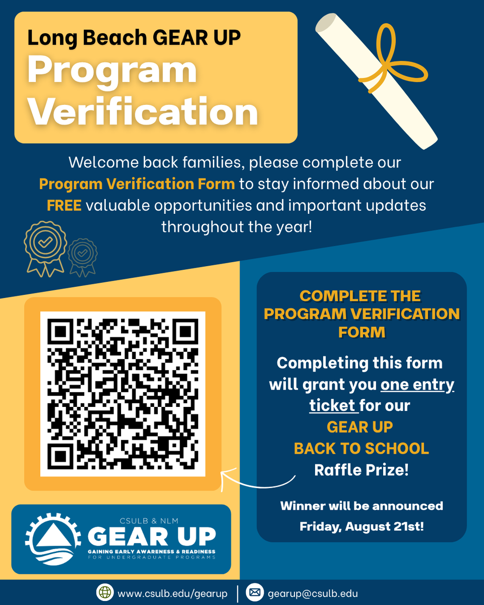 gearuplb's tweet photo. 🎓 GEAR UP 11th &amp; 12th Grade Families: Complete your Annual Program Verification Form to stay updated on college tours, workshops, scholarships, financial aid, family events &amp; more. Submit it for a chance to win our Back-to-School Raffle! 🎉 Winner: Aug. 21. https://t.co/WpSaVO7gbi