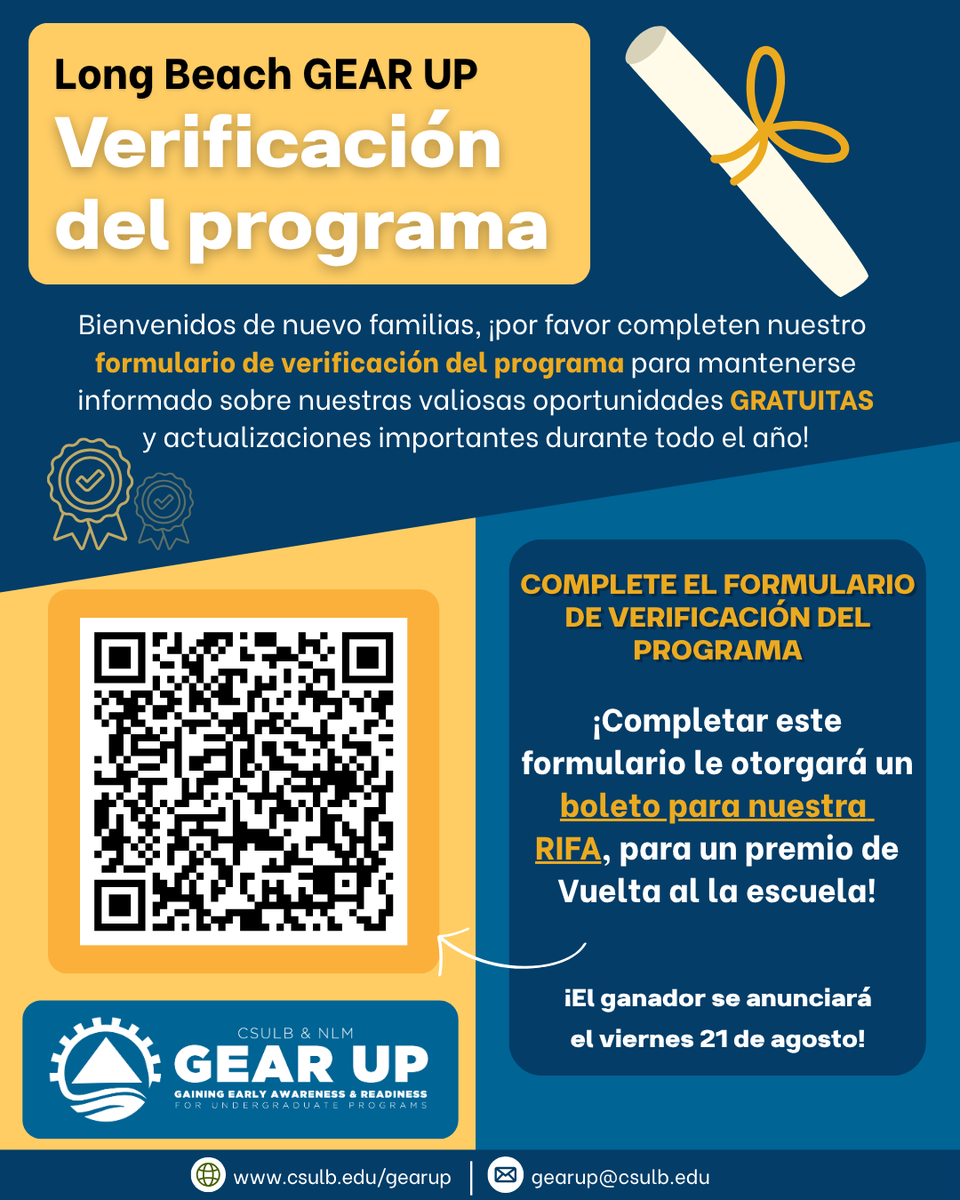 gearuplb's tweet photo. 🎓 GEAR UP 11th &amp; 12th Grade Families: Complete your Annual Program Verification Form to stay updated on college tours, workshops, scholarships, financial aid, family events &amp; more. Submit it for a chance to win our Back-to-School Raffle! 🎉 Winner: Aug. 21. https://t.co/WpSaVO7gbi