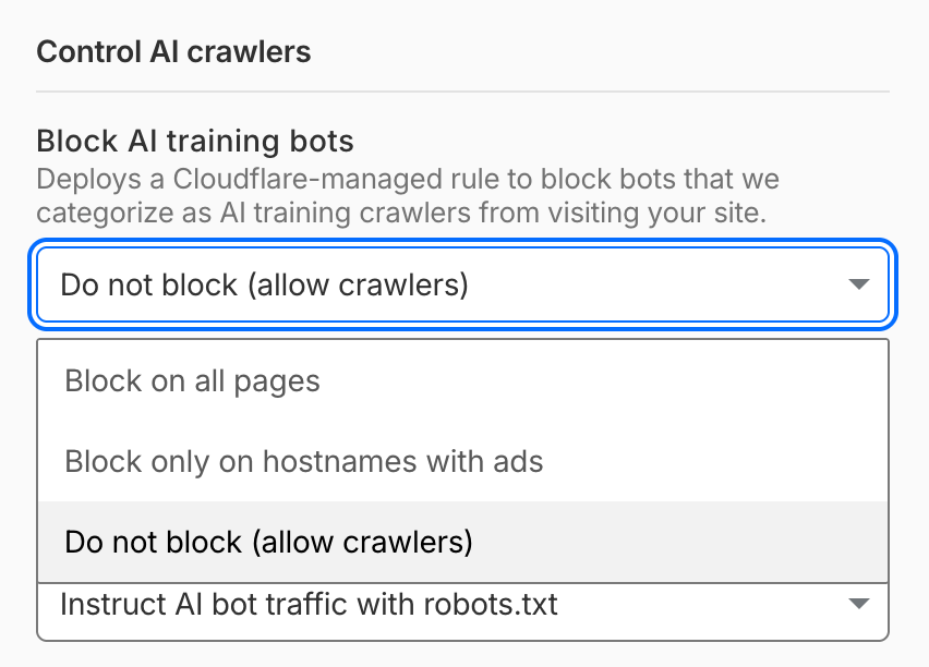 Cloudflare control panel screenshot showing configurable rules for AI training crawlers, illustrating how AI-search visibility is now governed by specific bot settings