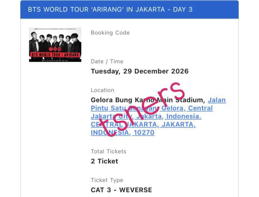 tsners's tweet photo. want to sell // wts

bts world tour arirang jakarta day 3
1 tix cat 3
2,950,000
any proof allowed
foreign welcome

t. wts wtb lfb lfs bts jkt arirang army 29 des https://t.co/yFzndbLwI6
