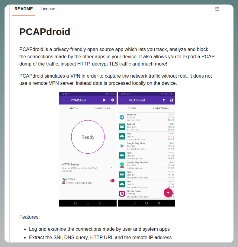 PCAPdroid는 로컬 VPN을 시뮬레이션하여 루팅 없이 모바일 네트워크 트래픽을 분석하며, PCAP 덤프 내보내기, HTTP 요청 검사 대표 이미지