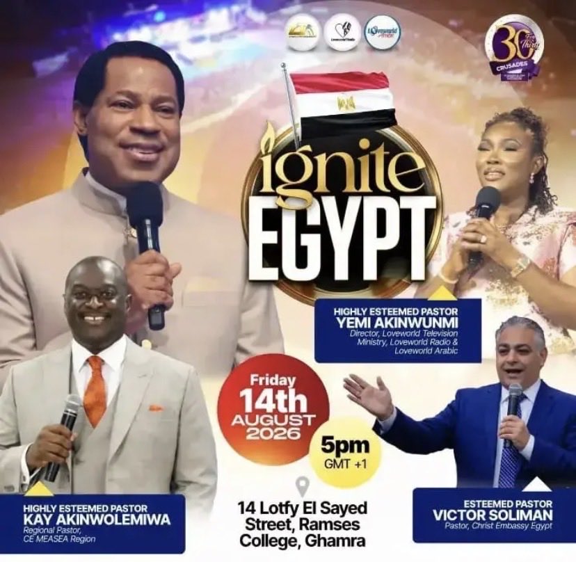cloveworldtv's tweet photo. 11 DAYS TO GO!
Are you ready to see Egypt ablaze with the move of the Spirit?
Date: Friday, 14th Aug 2026
Time: 5PM (GMT +1)
Venue: The Address of the Venue: 14 Lotfy El Sayed Street, Ramses College, Ghamra
Participate using:
https://t.co/EYjBfSIHgs
#IgniteEgypt
#٢_اغسطس https://t.co/trn8Dd3sCN
