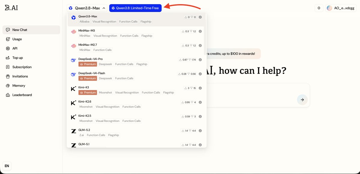 FareaNFts's tweet photo. you can use Qwen 3.8 max, GLM 5.2, , MiniMax m3 and 2.7, gemini for free 😳

b. ai hands out 500,000 free credits on signup, one openai-compatible key

takes 3 minutes to set up

what you get for free:

- deepseek v4 pro + flash
- minimax
- gemini
- and more on one key
- fully openai-compatible
- sign up with any google account

full setup guide (https://t.co/IO5FqUEAcS - free):

step 1: go to https://t.co/KIAY1sJO5u  signup
> open it in any browser

step 2: sign up with google
> log in with any google account
> no credit card

step 3: grab your api key
> open your dashboard
> copy the key

step 4: point your tool at their endpoint
> set the openai-compatible base url
> paste your key
> pick deepseek v4 pro

step 5: send one small test call
> confirm it works before a real run

already have an account? skip straight to step 3.

credits run out? use a gmail alias (name+1@gmail.com) to grab a fresh 500k pool

this is the cheapest way to test a full frontier stack right now

bookmark this before the credits shift