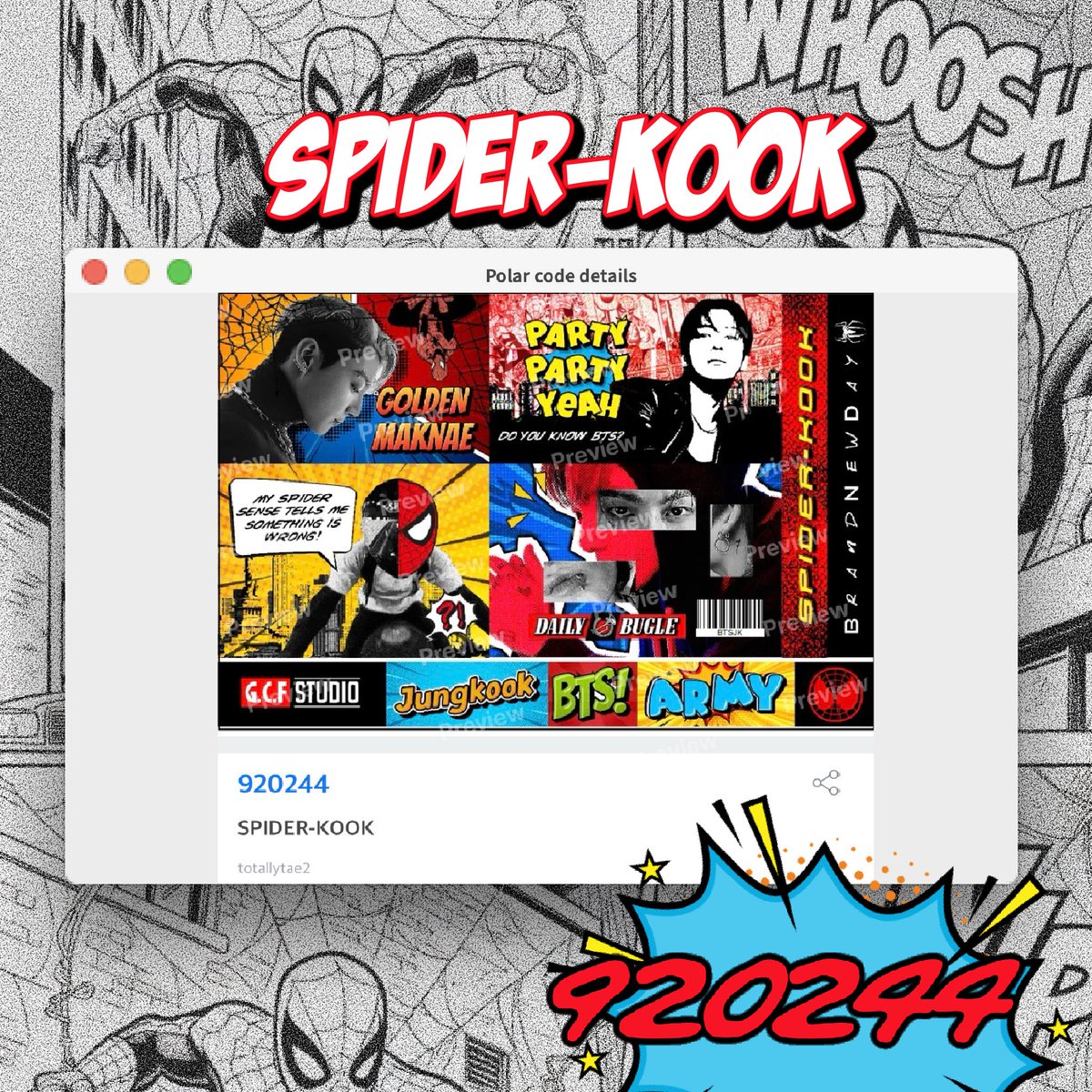 totallytae2's tweet photo. ♱ 𝓅𝓁𝓈 rt before use 

spider-kook 🕸️ sticker 4*6 
code : 920244
( @ moshi moshi )

show me when you print yours!
♱ for personal use only

#artworkอาร์มี่ #moshimoshi https://t.co/KEmNEtcMJv