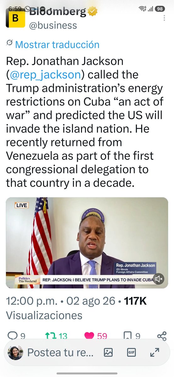 JohanaTablada's tweet photo. Congresista Federal Jonathan Jackson llama por su nombre al cerco energético como "acto de guerra" y predice que Estados Unidos invadirá a Cuba. Jackson visitó Cuba recientemente junto a otros congresistas. Tratan de explicar a sus pares la naturaleza injustificable del crimen https://t.co/eQ61GzTM52